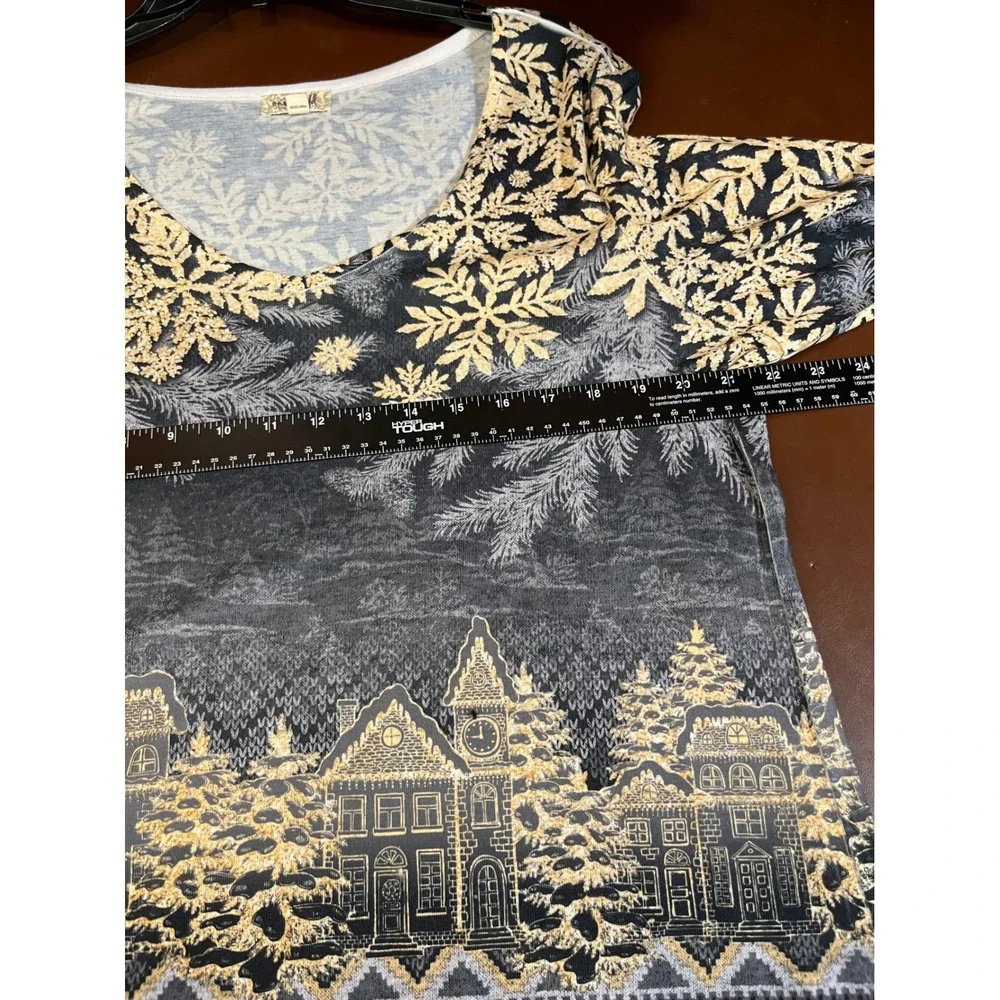 One World Winter Village Snowflake Gold Black V-Neck Long Sleeve Top‎ XXL